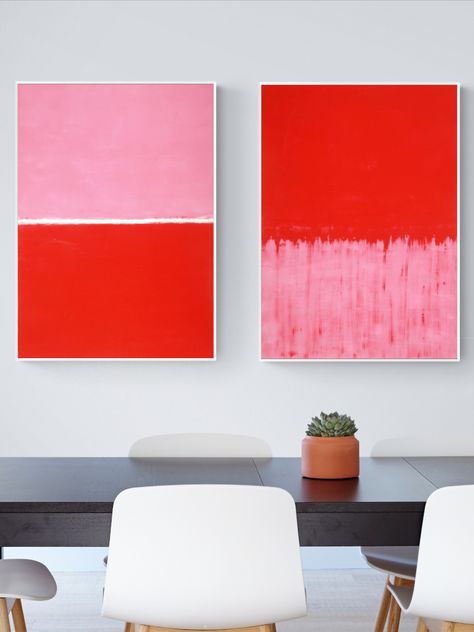 Red And Pink Painting Ideas, Large Bedroom Painting, Hot Pink Abstract Art, Diptych Painting, Pink Abstract Painting, Pink Abstract Art, Painting Minimalist, Abstract Art Diy, Painting Living Room