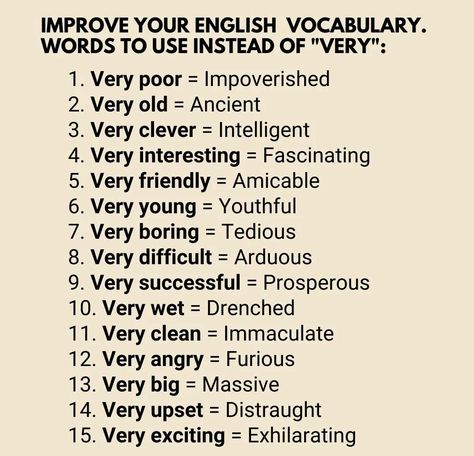 Very Angry, Improve Your English, Words To Use, Very Interesting, Very Excited, English Vocabulary, Writing Tips, Vocabulary, Improve Yourself