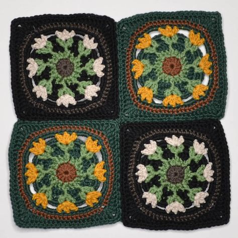 Get an ispiration with free crochet pattern of tulips granny square. Unique design. Scheepjes Catona yarn is used. Fairy Granny Square, Ghibli Granny Square, Crochet Diagram, Crochet Hook Sizes, Mandala Design, Double Crochet, Single Crochet, Granny Square, Pdf Pattern