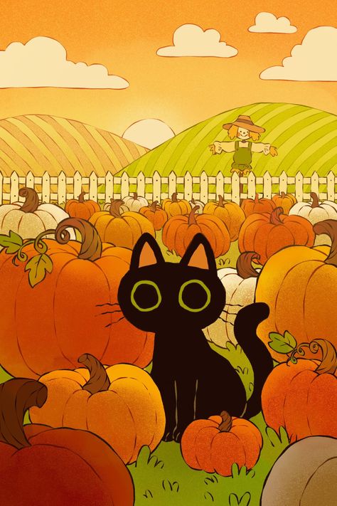 Cat And Pumpkin, Autumn Cute Wallpaper, Cute Pumpkin Illustration, Autumn Cat, Fall Cartoon, Autumn Illustration Fall, Fall Cat, Cute Fall Drawings, Fall Paintings