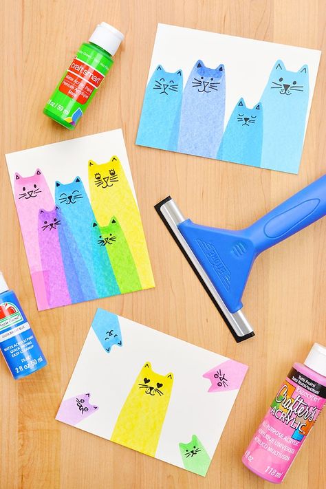 Cat squeegee painting is SO MUCH FUN! These cat scrape paintings are super easy to make and such a great painting craft for kids of all ages. Add a line of acrylic paint onto a piece of paper and use a squeegee to transform it into an adorable cat! All you need is paper, paint, and something to scrape the paint with! Squeegee Painting, Painting Crafts For Kids, One Little Project, Scrape Painting, Art Camp, Easy Art Projects, Cool Art Projects, Elementary Art Projects, Homeschool Art