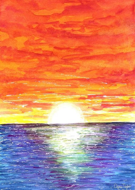 This print is based on an original watercolor drawing completed in 2018. The 5"x 7" original was done on 140 lb Hot Press Watercolor Paper. • Millions of unique designs by independent artists. Find your thing. Sunset Art Watercolor, Sunset In Ocean Painting, Ocean Sunset Watercolor Painting Easy, Hot And Cold Art Ideas, Sunsets Over Water, How To Paint Ocean Sunset, Sunset And Ocean Painting, Sunset Over Ocean Painting Easy, Water Sunset Painting