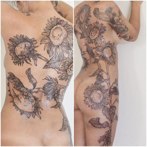 Amazing large full body sunflower tattoo by Pony Reinhardt 2015 ... Pony Reinhardt Tattoo, Pony Reinhardt, Pieces Tattoo, Full Body Tattoo, Tattoo Apprentice, World Tattoo, Top Tattoos, Sunflower Tattoo, Piercing Tattoo