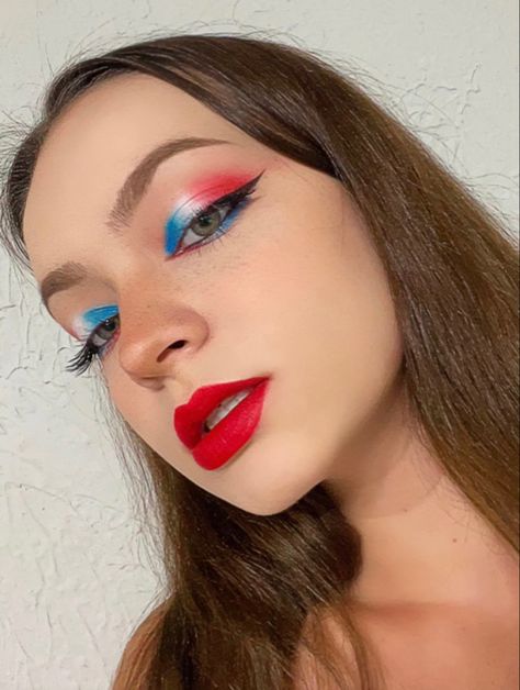 Makeup Looks 4th Of July, 4th July Eye Makeup, Memorial Day Eye Makeup, Forth Of July Makeup Simple, Cute 4 Of July Makeup, 4th Of July Easy Makeup, 4th Of July Make Up Look, Red White And Blue Eyeliner, Red White And Blue Make Up