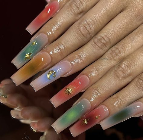 Earthy Nails Acrylic Long, Nails Amber Color, Square And Stiletto Nails Together, Chakra Nails, Fall Aura Nails, Sublime Nails, Earthy Nails Acrylic, Sunset Party, Drip Nails