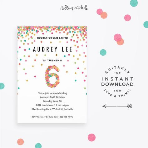 Girl 6th Birthday Invitation, Instant Download Printable PDF. 6 year old girl birthday party invites in mint, teal, pink and gold confetti! Cute Confetti, Girls 9th Birthday, 10th Birthday Invitation, Third Birthday Invitations, Bday Party Invitations, 13th Birthday Invitations, Rainbow Birthday Invitations, Girl Bday Party, Girl Birthday Party Invitations