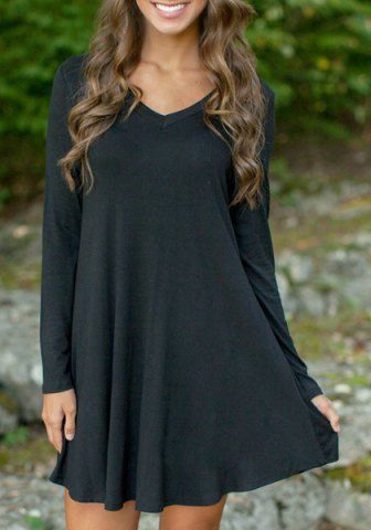 Simple Style Black V-Neck Long Sleeve Loose Mini Dress Dress With Tall Boots, Long Sleeve High Low Dress, Loose Mini Dress, Mini Dresses For Women, Chambray Dress, Mein Style, Knee Length Dresses, Tall Boots, Mode Style