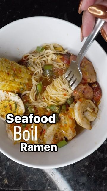 Brandy Gordon on Instagram: "Here in Louisiana, we love a good seafood boil. I’ve been seeing this seafood boil ramen all over my explore page and had to give it a go. I’m not mad  AT. ALL.   I cooked all of my sausage and shrimp separately and set them aside. Simultaneously, I boiled the corn and potatoes in crab boil and chicken bouillon cubes. I also made a delicious, spicy broth while I boiled the Chinese noodles. Once everything was assembled, I was very pleased! It was soooo good!  Save this if you want to make an easy ramen with a Louisiana twist. Comment below for the full recipe.   I was so ready to eat, I forgot to film the potatoes at the end 😂. Have you ever made or heard of seafood boil ramen?" Ramen Noodle Seafood Boil Recipe, Noodle Seafood Boil, Seafood Boil Ramen, Seafood Boil Recipe, Corn And Potatoes, Spicy Broth, Easy Ramen, Seafood Boil Recipes, Chicken Bouillon