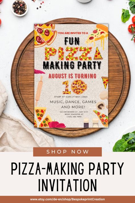 This editable pizza party invitation is perfect if you are hosting pizza-making night for the kids, or a pizza party night with the girls or bros. Pizza making party invitation, pizza birthday party, invitation template for pizza making event, party. #partytheme #partyinvitation #birthdayparty Pizza Making Party, Pizza Birthday Party, Pizza Party Invitations, Pizza Birthday, Pizza Making, Pizza Party, A Pizza, Event Party, Birthday Party Invitation