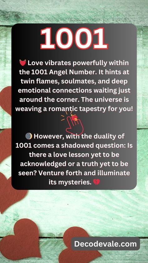 💓 Love vibrates powerfully within the 1001 Angel Number. It hints at twin flames, soulmates, and deep emotional connections waiting just around the corner. The universe is weaving a romantic tapestry for you! 💘 🌒 However, with the duality of 1001 comes a shadowed question: Is there a love lesson yet to be acknowledged or a truth yet to be seen? Venture forth and illuminate its mysteries. 💔 #angelnumbers #numerology #1001 #love 1001 Angel Number, Chakra Affirmations, Angel Number Meanings, Astrology Numerology, Number Meanings, Twin Flames, Angel Number, Emotional Connection, Angel Numbers