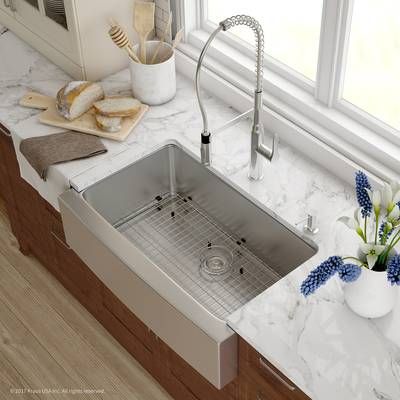 KHF200-33-1650-41CH,SS Kraus Handmade 30" x 16" Gauge Stainless Steel Kitchen Farmhouse Sink with Faucet & Reviews | Wayfair Farmhouse Kitchen Sink Decor, Kitchen Sink Decor Ideas, Kohler Farmhouse Sink, Beach Farmhouse Decor, Farmhouse Beach Decor, Kitchen Sink Decor, Kitchen Sinks And Faucets, Stainless Steel Farmhouse Sink, Faucets Ideas