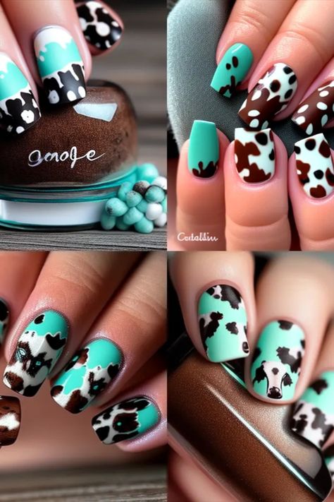 Unique Twist: Incorporating Brown Cow Print into Your Spring Nail Art Brown And White Cow Print Nails, Cow Face Nails, Sunflower Cow Print Nails, Highland Cow Nail Art, Fall Cow Print Nails, Cow Print Nails Blue, Nail Ideas Cow Print, Cow Print Nails Brown, Highland Cow Nails