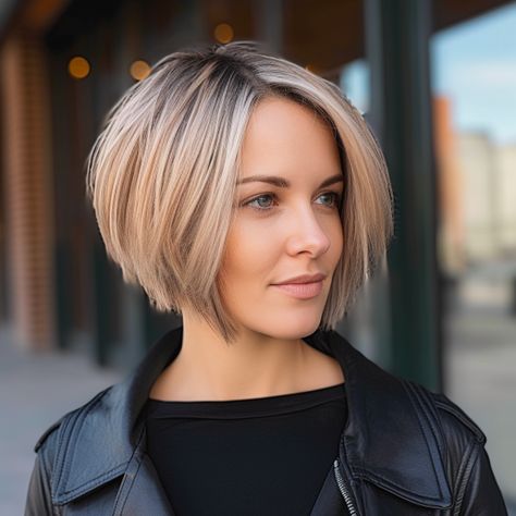 Fun Hairstyles For Women Over 40, Short Choppy Bobs For Thick Hair, Tapered Bob Haircut Short, Stacked Bob For Thick Hair, Bubble Bob Haircut, Sharp Bob Haircut, Short Layered Bob With Bangs, Short Bob Haircuts With Bangs, Wispy Layers