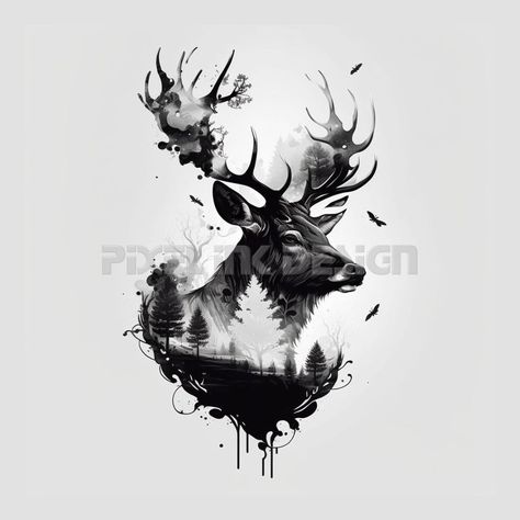 Deer Skull Tattoo Design, Deer Tattoo Design, Deer Skull Tattoos, Deer Tattoo Designs, Hirsch Tattoo, Printable Tattoos, Black Deer, Background Printable, Deer Tattoo