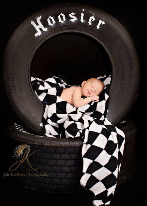 A Newborn Race Car Photography, Newborn Tire Pictures, Newborn Car Photoshoot, Race Car Newborn Pictures, Racing Newborn Pictures, Newborn Racing Photography, Motorcycle Newborn Pictures, Newborn Photography Boy Outfits, Racing Pregnancy Announcement