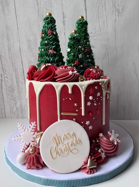 Cake With Drip, Christmas Birthday Cake, Easy Christmas Cake Recipe, Cake Decoration Ideas, Christmas Themed Cake, Birthday Cake Decorating Ideas, Buttercream Roses, Christmas Cake Designs, New Year's Cake