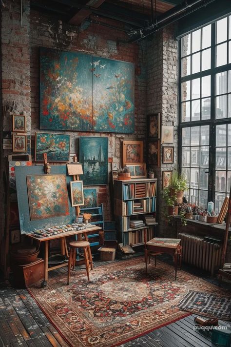 Home Art Studio Ideas for a Stylish Haven - Puqqu Boho Art Studio Inspiration, Home Art Studio Ideas, Mini Art Studio, Art Studio Ideas, Dream Art Room, Art Studio Decor, Home Art Studio, Art Haus, Vinyl Room