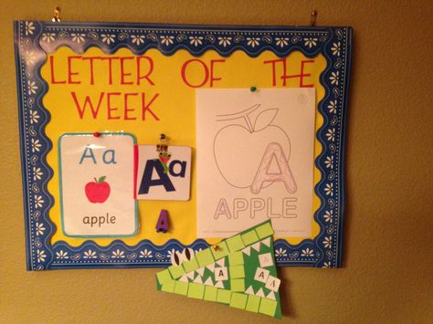 Small bulletin board in dining room so we can discuss the letter of the week while we eat!  We add to it throughout the week as we do our activities! Letter Of The Week Board, Letter Of The Week Bulletin Board, Alphabet Bulletin Board Ideas, Literacy Bulletin Boards, Daycare Bulletin Boards, Learning Wall, Kids Bulletin Boards, Teacher Wish List, Childcare Ideas