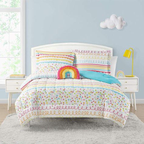 Kids Comforter Sets, Rainbow Bedroom, Rainbow Bedding, Full Comforter Sets, Novelty Pillows, Twin Comforter Sets, Full Bedding Sets, Rainbow Room, Yellow Lime