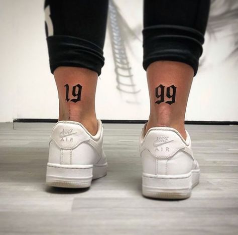 Ankle Year Tattoo, Year Tattoo Number Leg, Birth Year Tattoo Ideas Ankle, 11:11 Tattoo Ideas, Birth Year Tattoo Ideas, Year Tattoo Number, Back Of Ankle Tattoo, Ankle Tattoo Men, Back Of Leg Tattoos