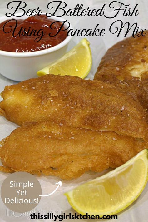 Beer Battered Fish, flaky white fish is dipped in a beer battered made from pancake mix and flash fried, a simple yet delicious weeknight meal! #beerbatteredfish #usingpancakemix #simpleyetdelicious #easyweeknightdish #thissillygirlskitchen Pancake Batter Fish Fry, Beer Battered Fries, Bisquick Recipe, Bisquick Pancakes, Best Fish And Chips, Beer Battered Fish, Beer Battered, Battered Fish, Bisquick Recipes