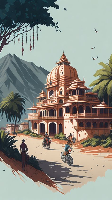 This stunning India vector digital illustration is a feast for the eyes. From the intricate details of the traditional clothing to the vibrant colors of the landscape, this illustration is a true work of art. Indian Background Illustration, School Images, Arts Gallery, Temple Architecture, Fairytale Illustration, Portfolio Inspiration, Vector Artwork, Bird Illustration, Brown Aesthetic