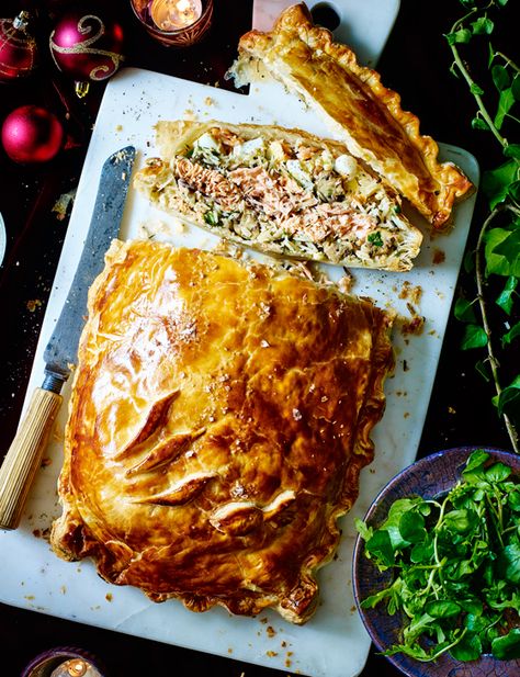 Salmon coulibiac - Sainsbury's Magazine Salmon Coulibiac, Tuna Mousse, Seafood Night, Healthy Fish Recipes, Salmon Pie, Spiced Salmon, Salmon Spices, Seafood Entrees, Uk Christmas