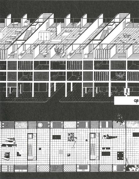 Projet théorique de W. J. Neutelings, A. Wall, X. de Geyter et F. Roodbeen pour le concours «Habitatge i Ciutat», Quaderns, Barcelone, 1990