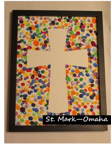 Pastor appreciation - in honor of 25 years of the ministry, a group of kids made 25 fingerprints each around a paper cross on a canvas, when the paper cross was pulled off, the white of the canvas in a cross shape remained Fingerprint Cross Art, Paper Cross Crafts, Christian Elementary Art, Communion Crafts For Kids, Cross Art For Kids, Pastor Appreciation Ideas For Kids Craft, Pastor Appreciation Gifts From Kids, Pastor Appreciation Ideas For Kids, Communion Art Ideas