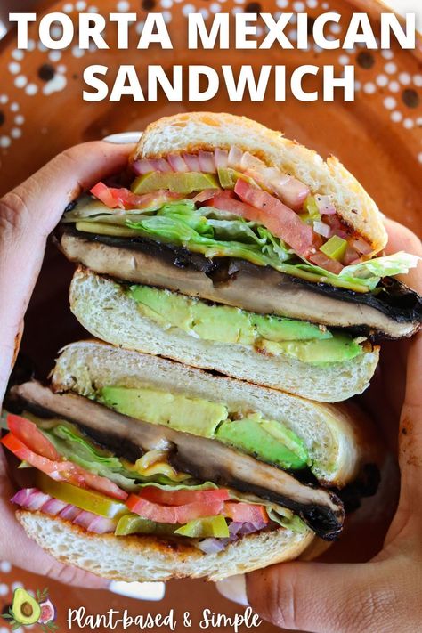 This plant-based Torta de Portobello will give you a taste of a real authentic Mexican sandwich. The portobello mushrooms are well seasoned and marinade, making them super savory and meaty. The pickled jalapeños and all the other fresh vegetables that we get to stack within the torta create the perfect combination and texture. Tortas Mexicanas Recipe, Torta Sandwich, Portobello Recipes, Mexican Sandwich, Cheap Vegan Meals, Healthy Vegan Dinner Recipes, Quick Easy Healthy Meals, Healthy Mexican Recipes, Vegan Asian Recipes