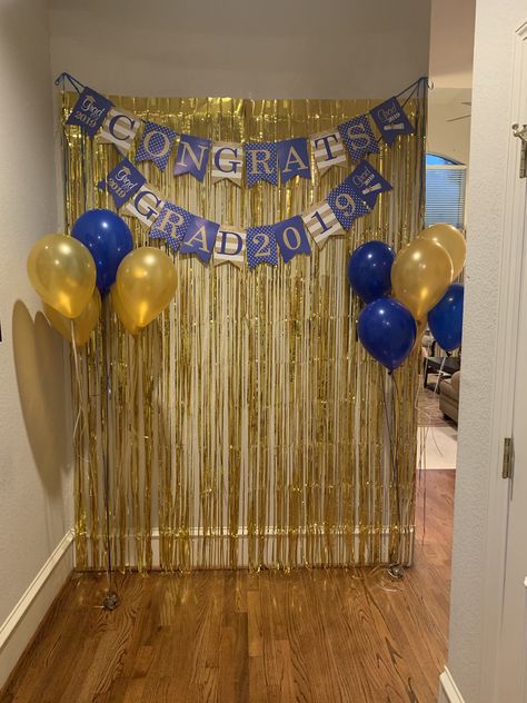 Blue Gold Graduation Party Ideas, Blue And Gold Backdrop Party Ideas, Blue And Gold Graduation Decorations, Graduation Party Ideas Decorations Blue And Gold, Blue And Gold Graduation Centerpieces, Graduation Party Blue And Gold, Blue And Gold Graduation Party Decor, Blue And Gold Grad Party, Graduation Party Ideas Blue And Gold