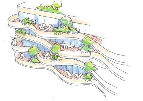 Outdoor Circulation Architecture, Balcony Ideas Architecture, Concept Drawings Architecture, Concept Development Architecture Ideas, Balcony Sketch, Curvilinear Architecture, Balcony Design Architecture, Balconies Architecture, Grasshopper Architecture