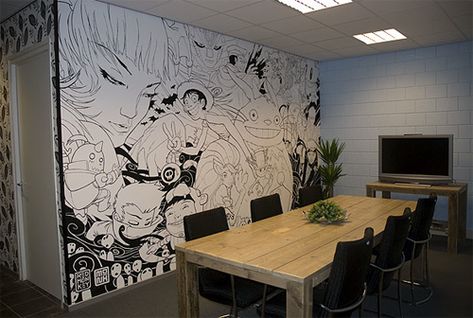 Awesome wall mural. Anime. Black and white. Black And White Painting Ideas, Anime Mural, Future Wall, Room Anime, Kawaii Bedroom, Andermatt, Otaku Room, Bedroom Murals, Anime Decor