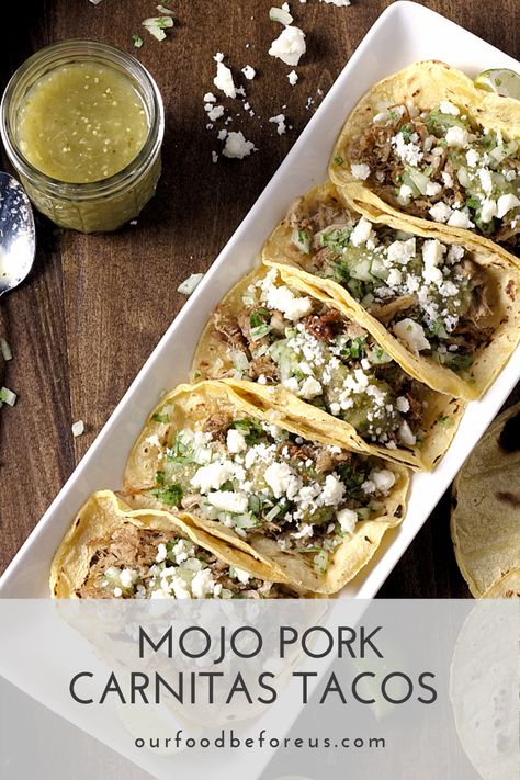 Mojo Pork Carnitas Tacos are the perfect mash up of garlic citrus pork and the convenience of a taco. Topped with fresh onions, cilantro, lime, and queso fresco, they are the perfect dish for any taco Tuesday. Mojo Pork Tacos, Mojo Tacos, Pork Carnitas Tacos, Mojo Pork, Carnitas Tacos, Mexican Meals, Homemade Mexican, Pork Carnitas, Pork Tacos