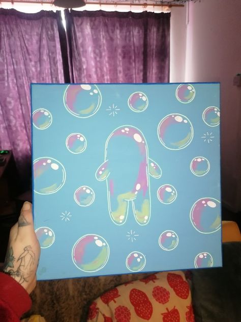 Bubble canvas Easy Bathroom Painting Ideas On Canvas, Spongebob Acrylic Painting Easy, Diy Bubble Decor, Square Pottery Ideas, Bubble Buddy Painting, Spongebob Bedroom Ideas, Bubble Buddy Tattoo, Spongebob Canvas Art, Spongebob Wall Art