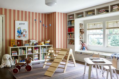 Tour One Family’s Expansive Connecticut Home That Was Originally a Two-Room Cabin | Architectural Digest Beadboard Walls Playroom, Play And Study Room Ideas, Designer Playroom, Sophisticated Playroom, Cozy Playroom, Kids Art Room, Whimsical Playroom, Playroom Carpet, Playroom Basement