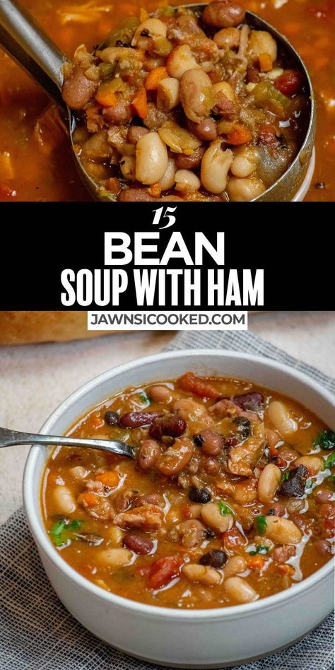 This Easy Traditional 15 Bean Soup with Ham Recipe is a hearty bowl of comfort food perfect for a cool winter's evening. Loaded with flavor, this stick to your ribs bean soup can be made with ham hocks, or is a great way to use up that leftover holiday ham bone! 15 Bean Ham Soup, 15 Beans In Crockpot, 15 Bean Soup With Ham Hocks, Ham Hock And Bean Soup Recipes, Ham Hawk And Bean Soup, Ham And Pinto Bean Soup Recipes, Ham Hock Bean Soup, Ham Stock Soup Recipes, Best 15 Bean Soup Recipe