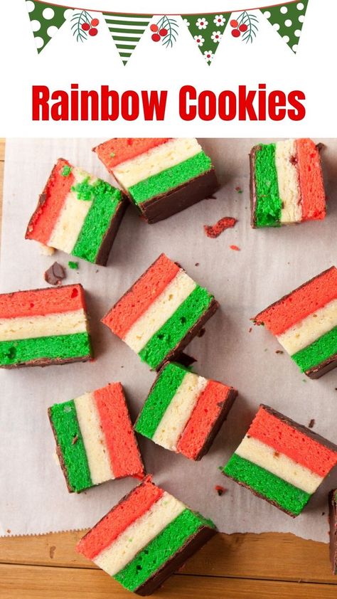 red, white and green layered cookies Three Layer Cookies, Italian Layered Cookies, Italian Flag Cookies, 3 Layer Italian Cookies, Italian Three Layer Cookies, Italian 3 Layer Cookie, Italian Rainbow Cookies Recipe, Italian Cookie Recipes Christmas Italy, Italian Rainbow Cookie Cake