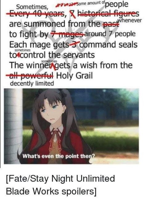 Funny meme on how the Holy Grail War works Creepy Text, Fate Quotes, Fate Stay Night Series, Fate Servants, Fate Stay Night Anime, Fate Anime Series, Fate Zero, Type Moon, Anime Memes Funny