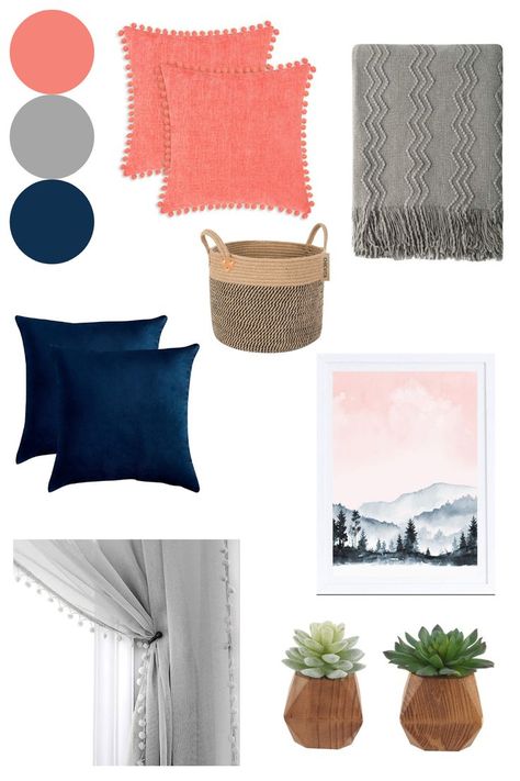 Pretty navy blue, coral, and gray living room decor ideas! Coral And Blue Bedroom Ideas, Navy Blue And Coral Living Room, Navy Coral Living Room, Coral And Blue Living Room, Navy And Coral Living Room, Coral Living Room Ideas, Blue Coral Living Room, Coral And Blue Bedroom, Navy Blue And Coral Bedroom