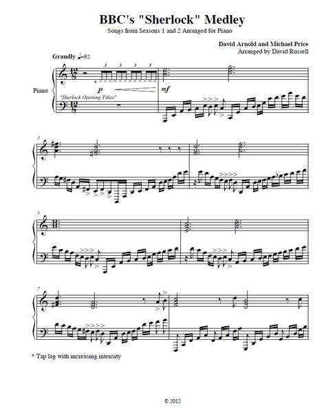 Sheet music for "BBC "Sherlock" Piano Medley" from BBC's "Sherlock", composed by David Arnold & Michael Price, arranged by arr. David Russell. David Arnold, Sherlock Holmes John Watson, Wolfgang Amadeus Mozart, Mrs Hudson, Amadeus Mozart, Bbc Sherlock, Nerd Love, John Watson, Johnlock