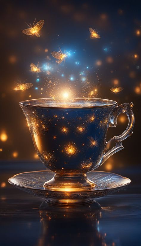 Fantasy art - Magic cup of tea, fireflies and sparkling wisps - AI creation Magical Tea, Nature Photography Trees, Sipping Tea, Art Magic, Pet Fish, Tea Art, Cute Cups, Crystal Decor, Hot Tea