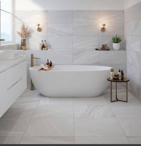 White Marble Tile Bathroom, Large Tile Bathroom, Grey Marble Bathroom, Light Grey Bathrooms, White Marble Bathrooms, Grey Bathroom Tiles, Marble Tile Bathroom, Modern Bathroom Tile, Timeless Bathroom