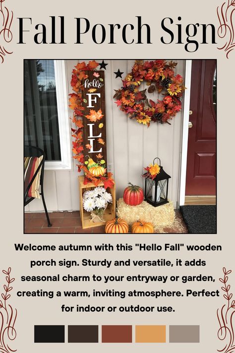 Welcome autumn with this wooden "Hello Fall" sign, designed to add rustic charm to your front porch. It’s the perfect statement piece for your autumn decor. Easy to assemble, this versatile sign is perfect for creating a cozy, festive fall atmosphere at your home. Great for Thanksgiving or harvest celebrations. #AutumnPorchDecor #FallPorchSign #WoodenWelcomeSign #RusticFallDecor #HelloFall #FarmhouseFallDecor #FrontDoorVibes #HomeDecor #OutdoorFallDecor #FallYardStyle #InteriorDesign Fall Welcome Sign, Front Door Decorations, Fall Front Porch Decor Ideas, Hello Fall Sign, Harvest Celebration, Wooden Porch, Wooden Welcome Signs, Fall Front Porch Decor, Rustic Fall Decor