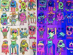 Elementary Art Teacher, Cassie Stephens, 2nd Grade Art, Outfit Photos, 4th Grade Art, Glowing Art, Elementary Art Projects, Art Lessons Elementary, Alien Art