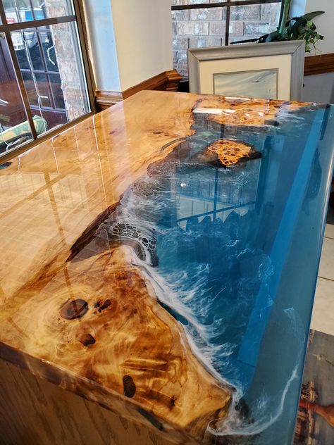 Counter Top Decor, Epoxy Furniture, Waterfall Island Kitchen, Epoxy Projects, Resin River Table, Epoxy Ideas, Resin Table Top, Epoxy Table Top, Dining Sofa