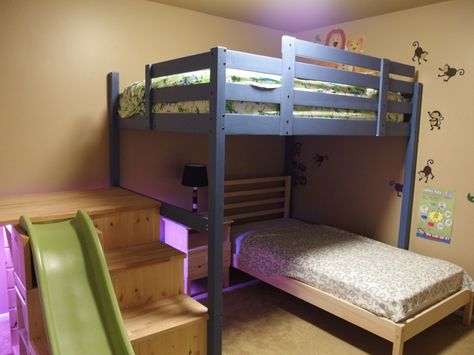 This creates a safer way to get up and down from the top bunk (via stairs instead of a ladder), and creates a landing space, too. The TROFAST provides the necessary storage, and the slide and secret space created are bonuses. 1. Start with the STORA loft bed, which we cut off 12″ from each [&hellip Stairs Slide, Loft Bed Stairs, Safe Bunk Beds, Bed With Stairs, Stair Slide, Stair Plan, Ikea Kura Bed, Double Bunk Beds, Bed Stairs