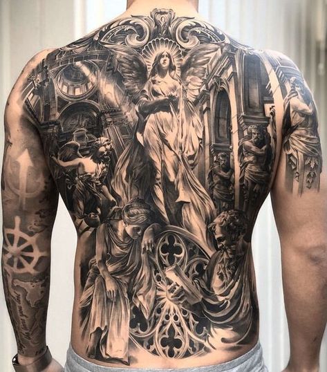 Tattooed Person, Back Tattoos For Men, Angel Back Tattoo, Angels Tattoo, Heavily Tattooed, Unique Tattoos For Men, Zeus Tattoo, Full Tattoo, Torso Tattoos