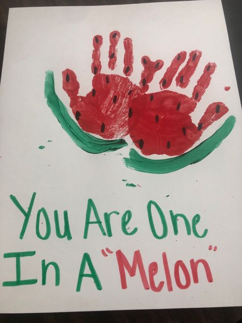 One In A Melon Craft, Watermelon Activities For Kindergarten, Fruit And Veggie Crafts For Preschoolers, Watermelon Activity For Kids, Fruit Crafts For Toddlers, Watermelon Activities For Preschool, Fruit Crafts For Preschool, Watermelon Handprint, Watermelon Crafts For Kids