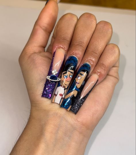 Danny Phantom Nails, Square Acrylic Nails Long, Drawn Nail Art, Hand Drawn Nail Art, Nails Long Acrylic, Acrylic Nails Long, Cartoon Nails, Nails Short Square, Nails Luxury